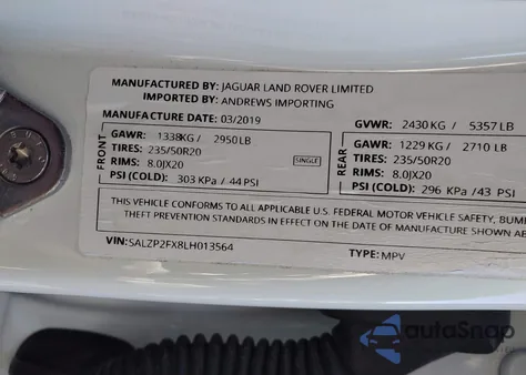 2020 Land Rover Range Rover Evoque Se from USA, damaged, VIN SALZP2FX8LH013564